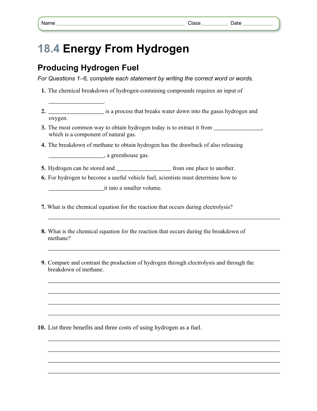 18.4 Energy from Hydrogen