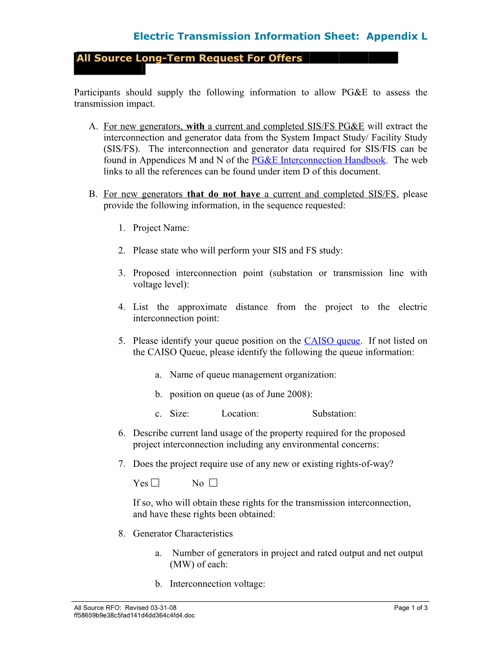 Appendix H: Electric Transmission Information Sheet and Web Links