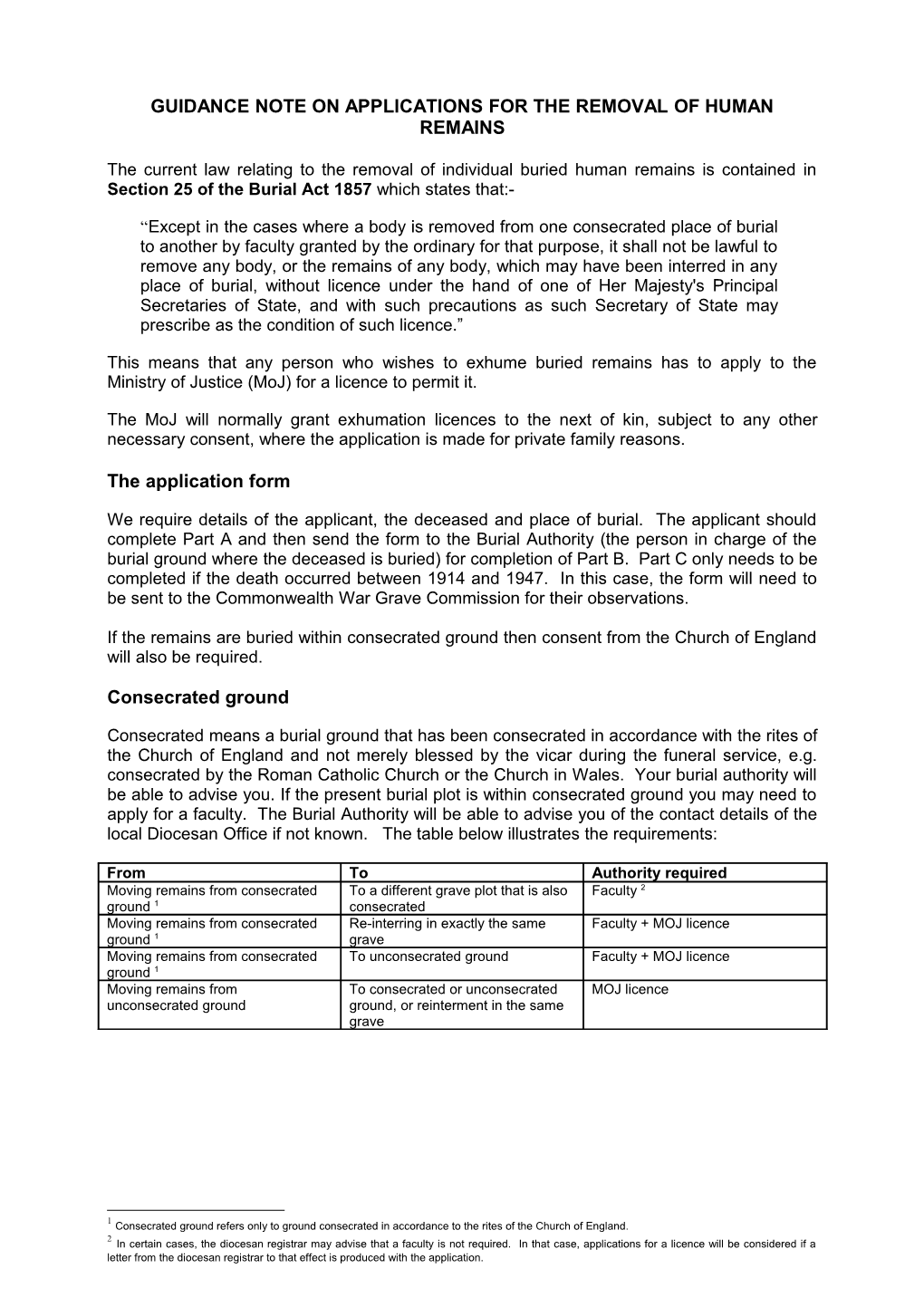 Guidance Note on Applications for the Removal of Human Remains