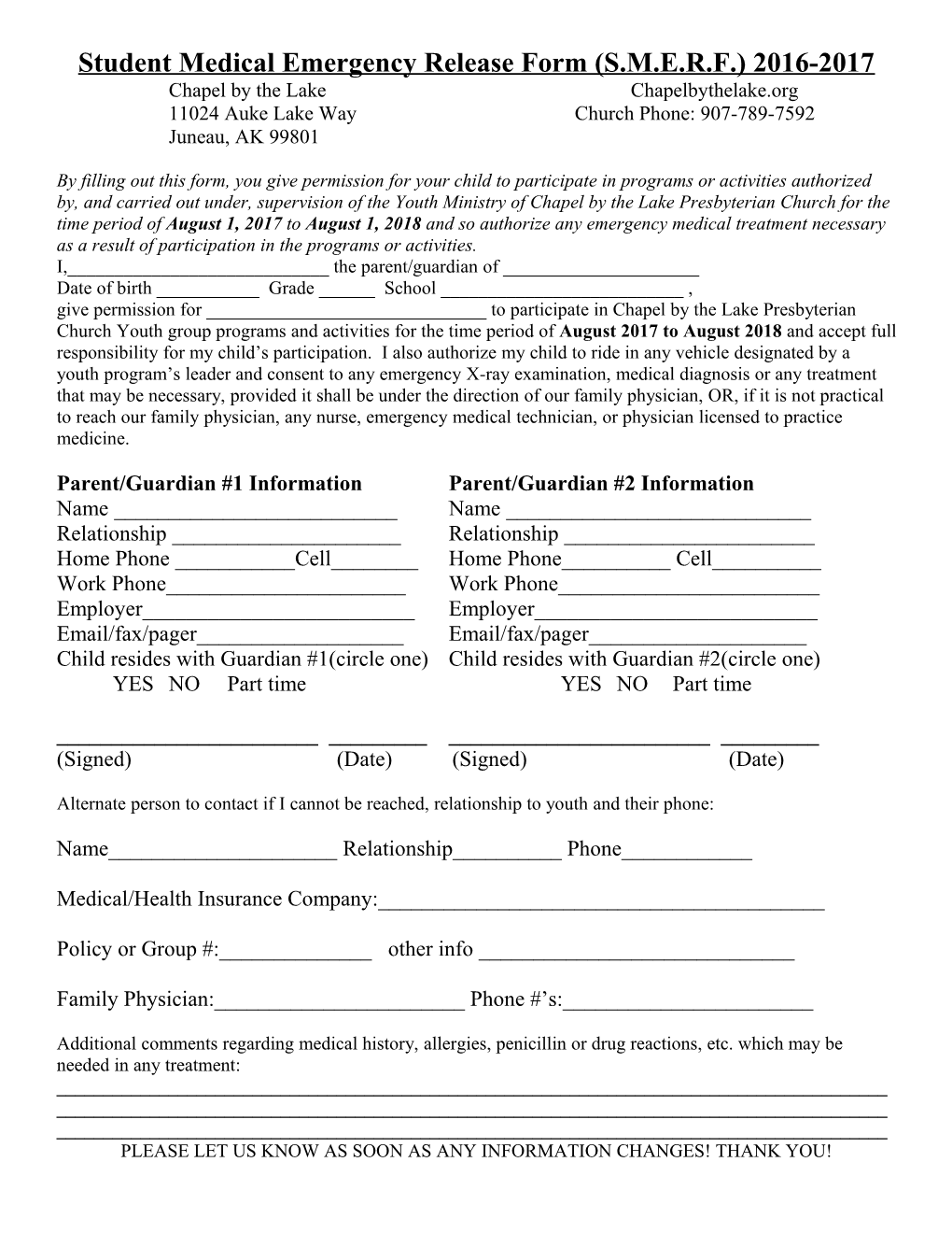 Student Medical Emergency Release Form(S