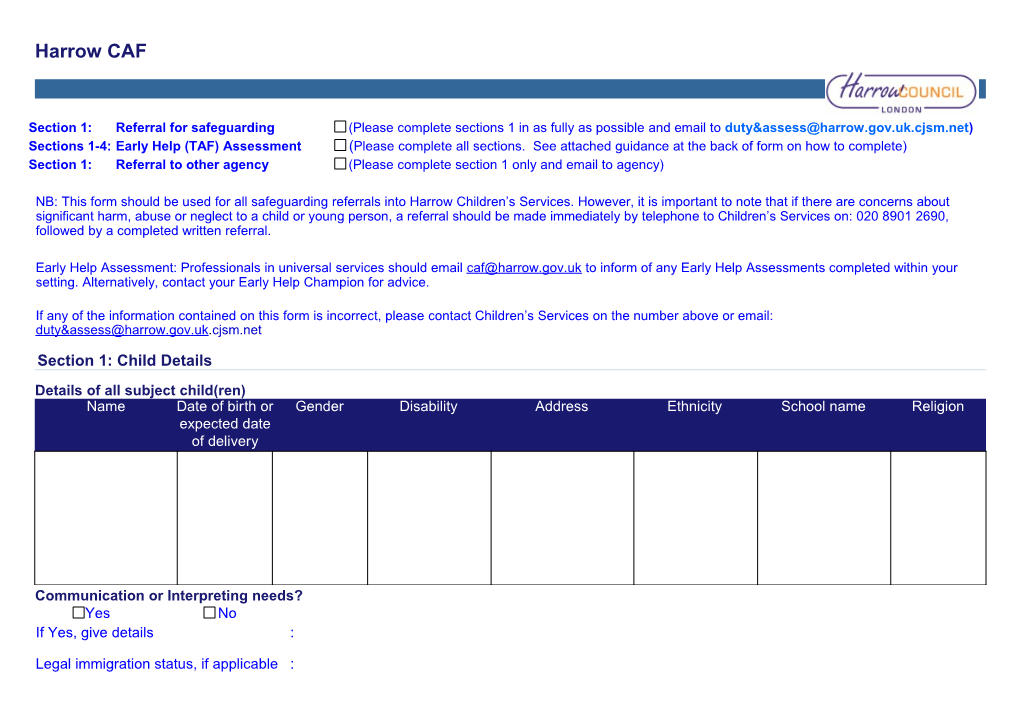 Section 1:Referral to Other Agency (Please Complete Section 1 Only and Email to Agency)