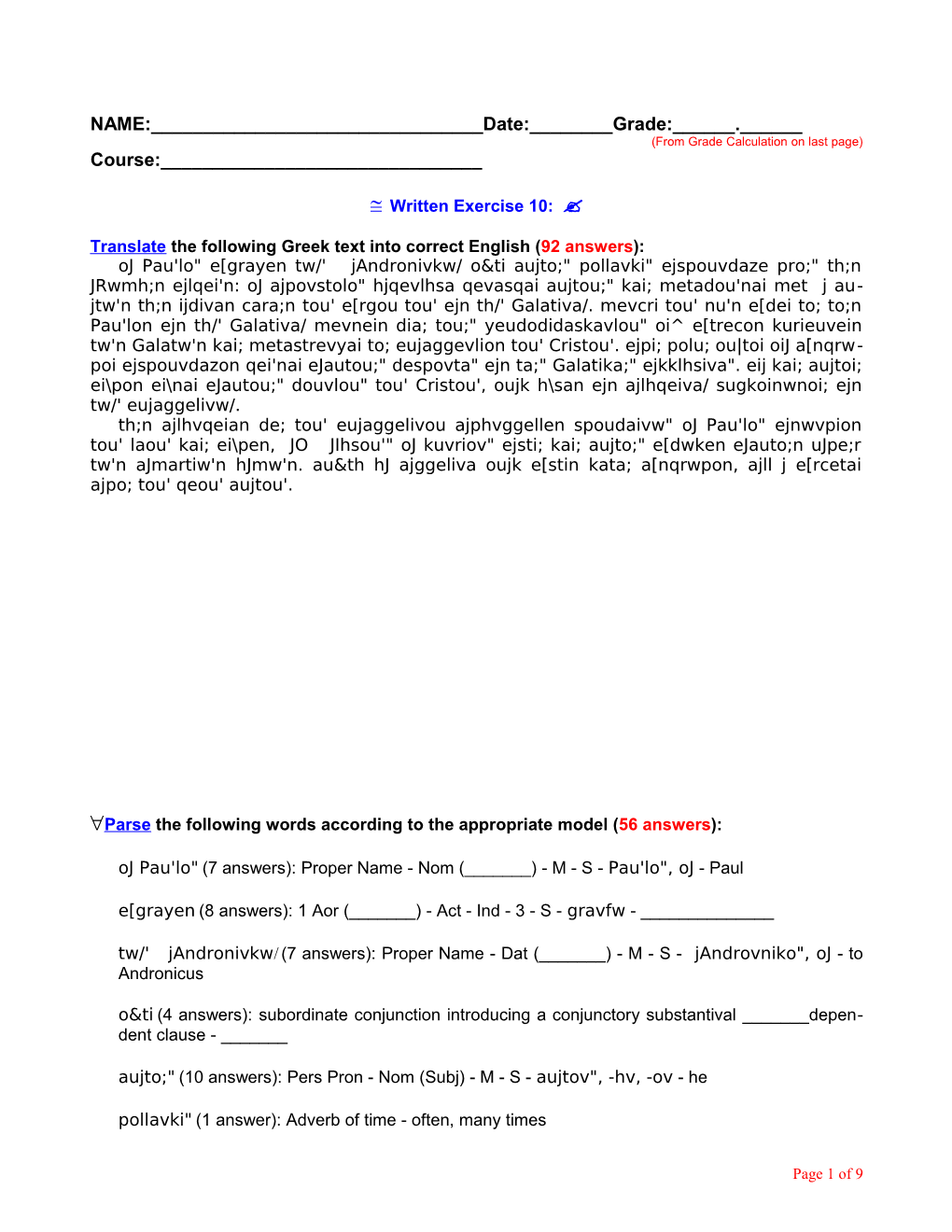 From Grade Calculation on Last Page