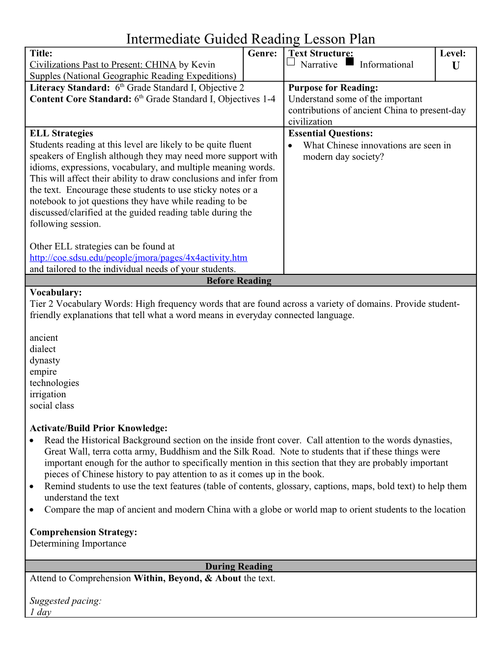 Intermediate Guided Reading Lesson Plan