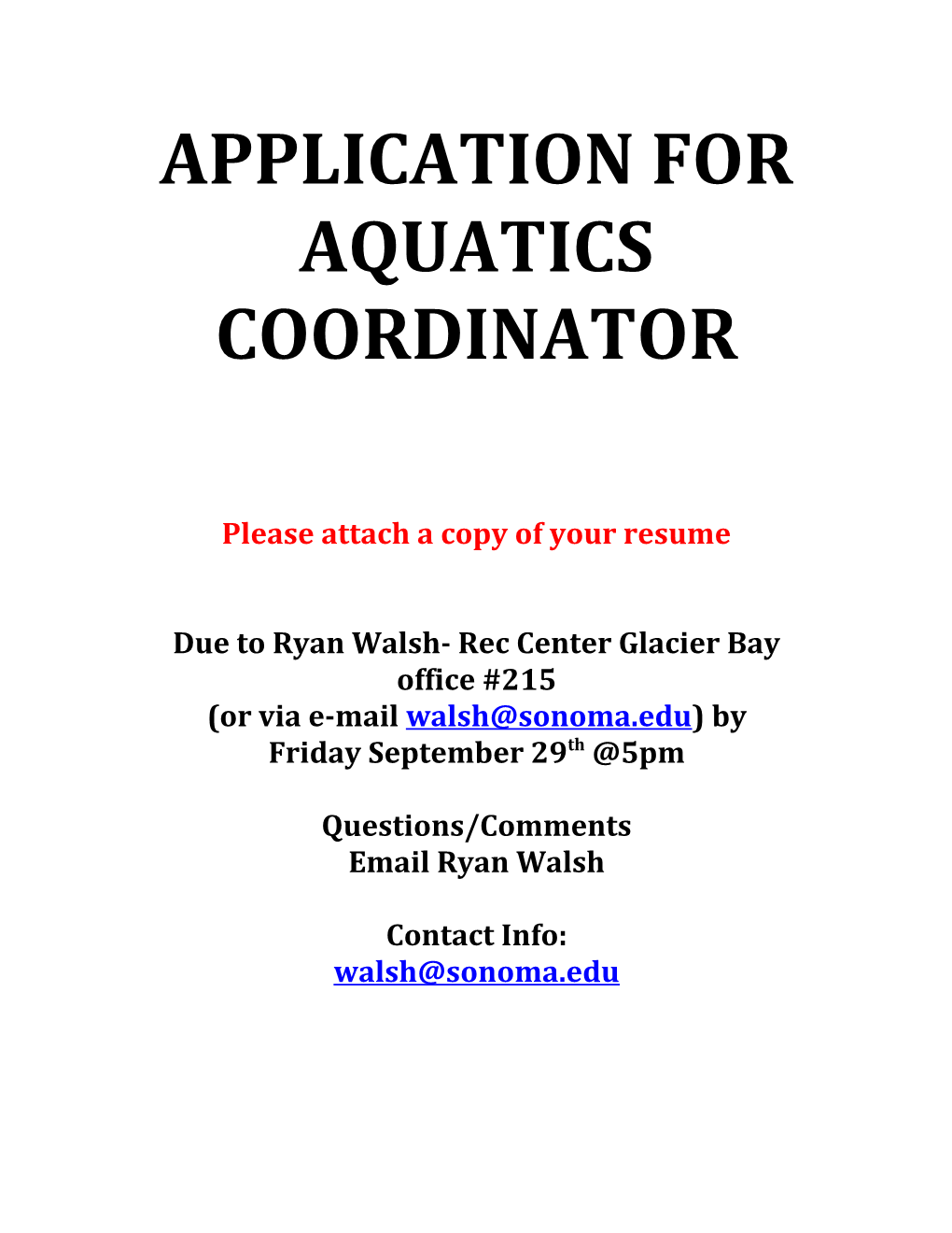 Application for Aquatics Coordinator