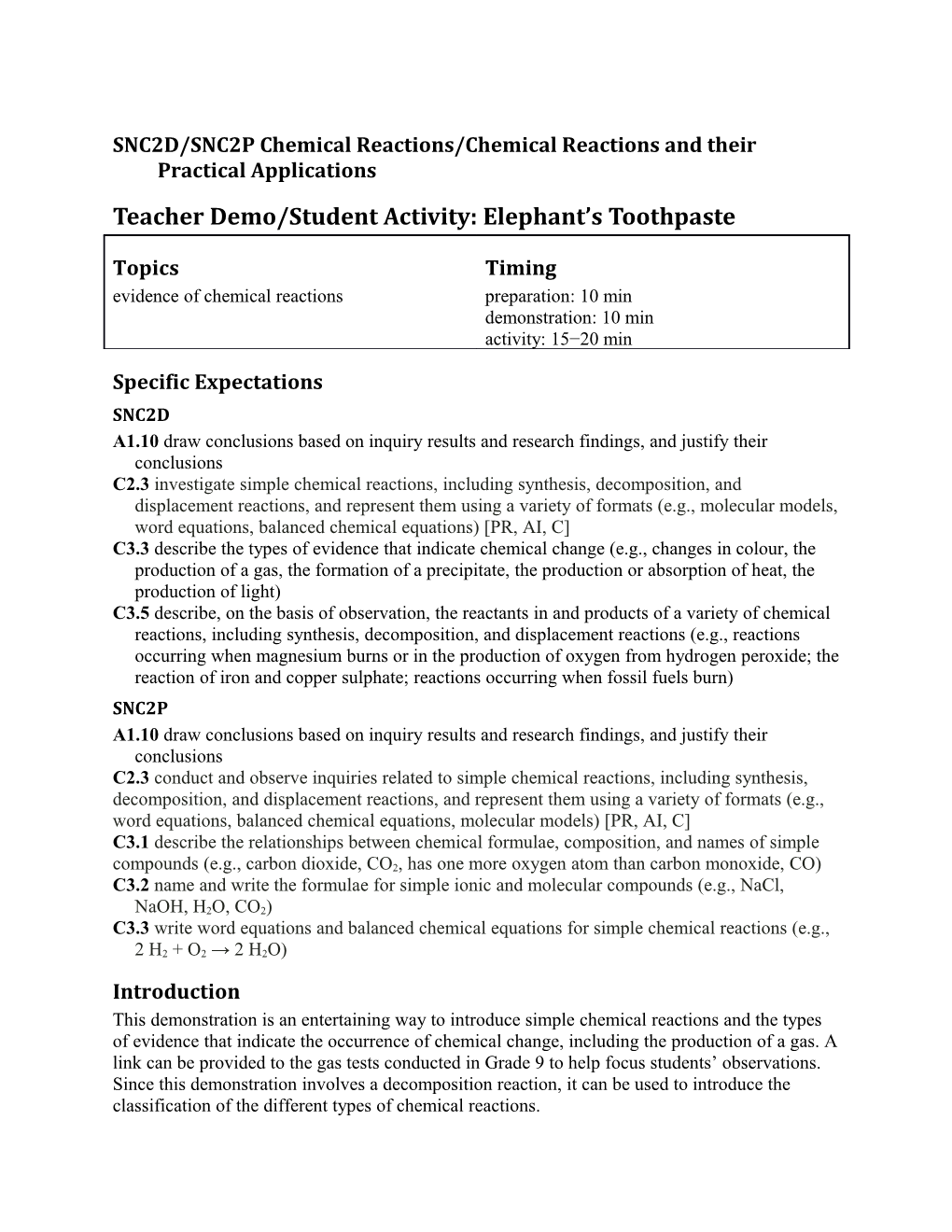 SNC2D/SNC2P Chemical Reactions/Chemical Reactions and Their Practical Applications