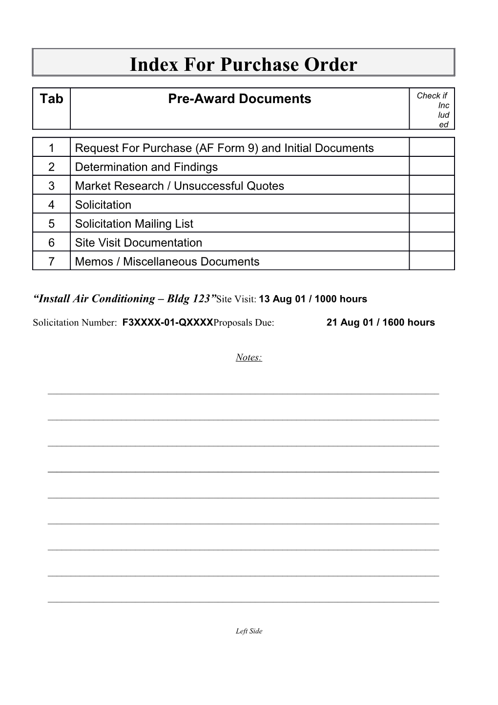 Index for Purchase/Delivery Orders