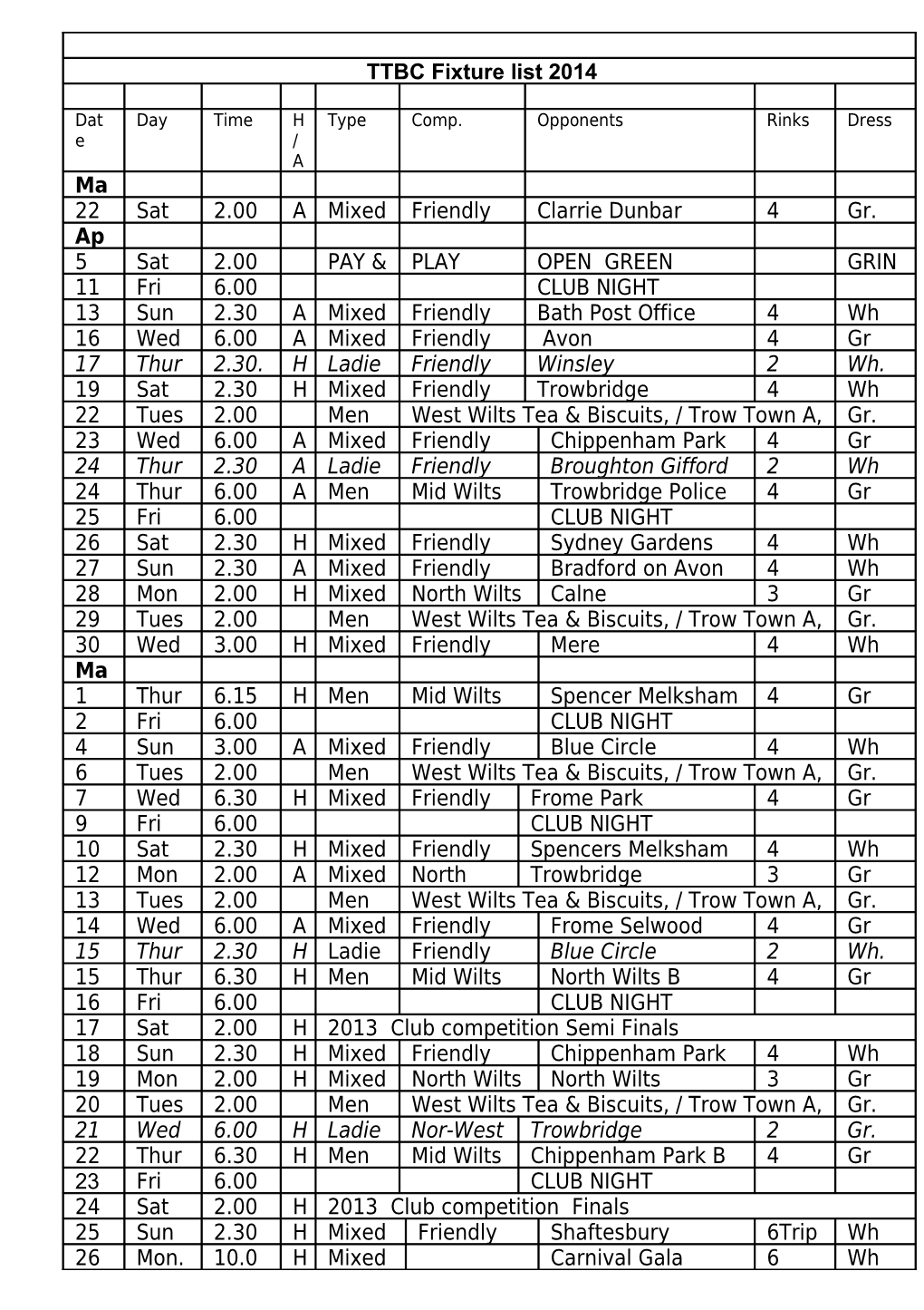 TTBC Fixture List 2013 As at 23Rd Feb