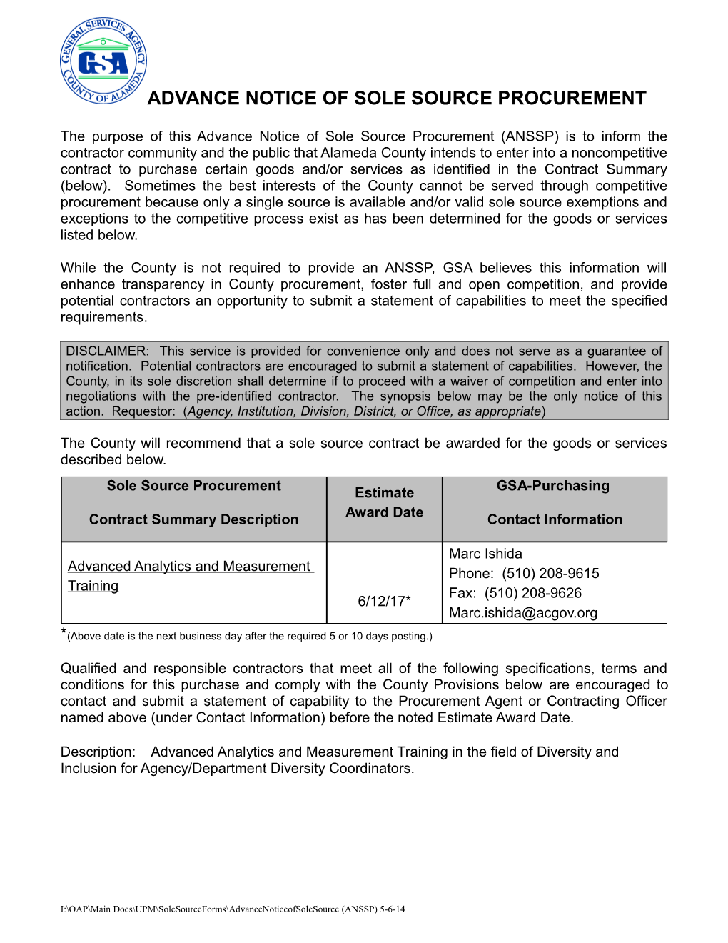 Advance Notice of Sole Source Procurement s17