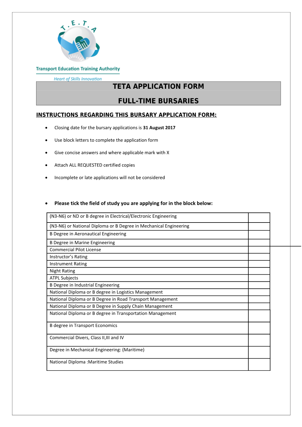 Instructions Regarding This Bursary Application Form