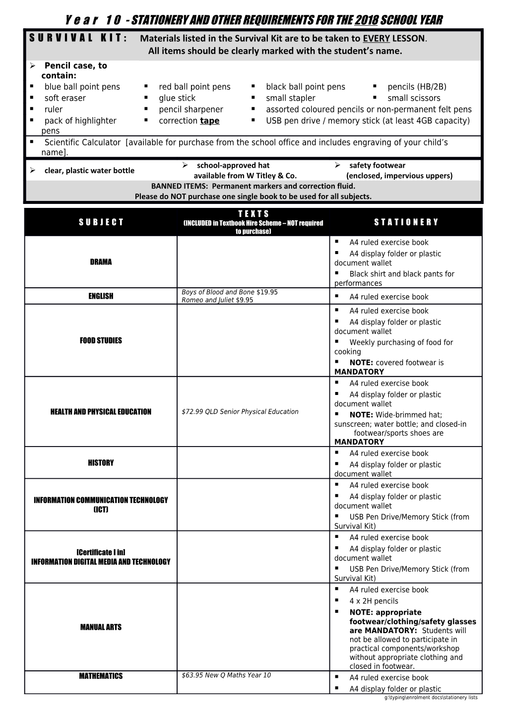 Year 10 - STATIONERY and OTHER REQUIREMENTS for the 2018 SCHOOL YEAR