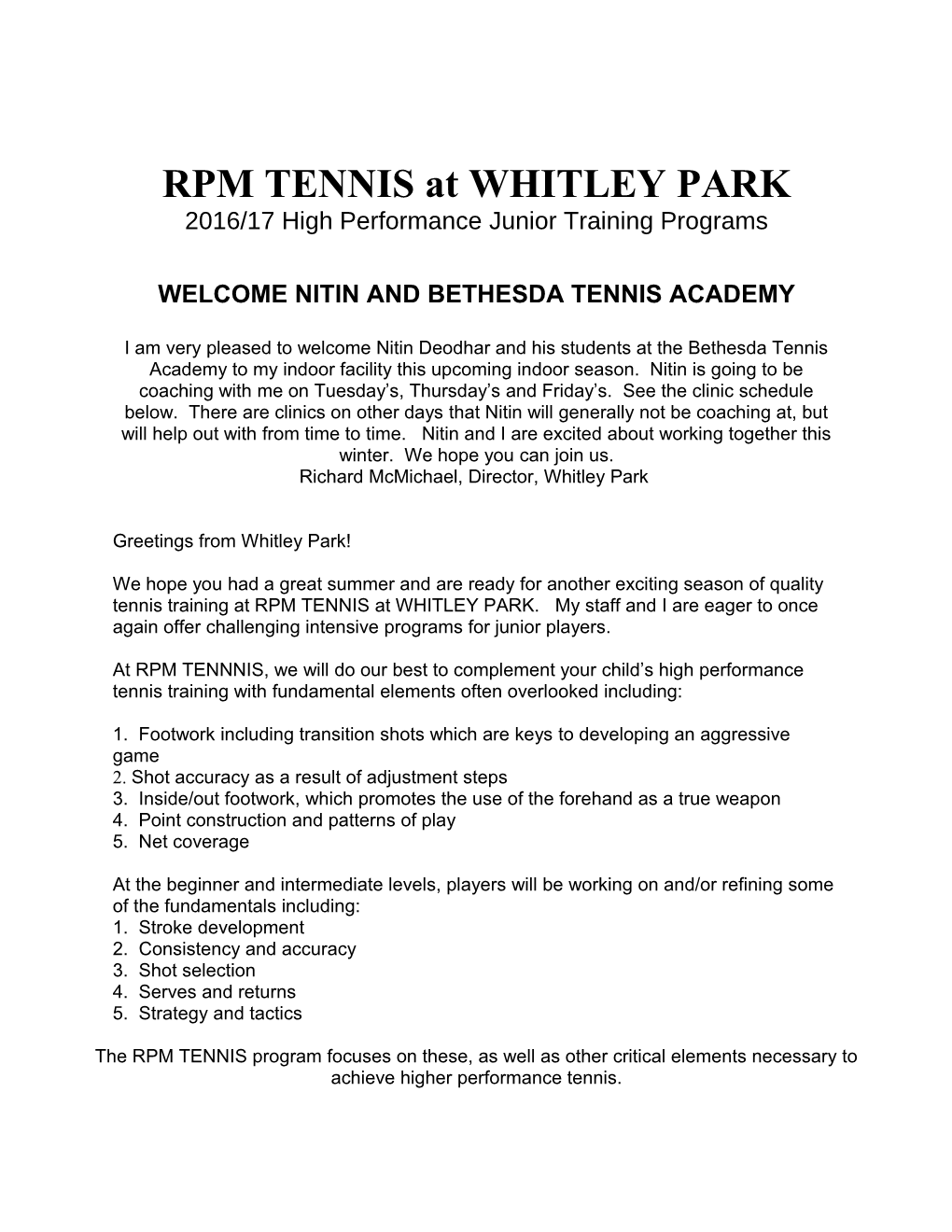 RPM TENNIS at WHITLEY PARK