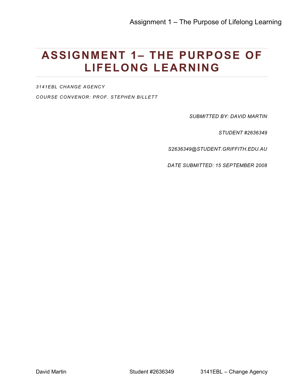 Assignment 1 – The Purpose Of Lifelong Learning