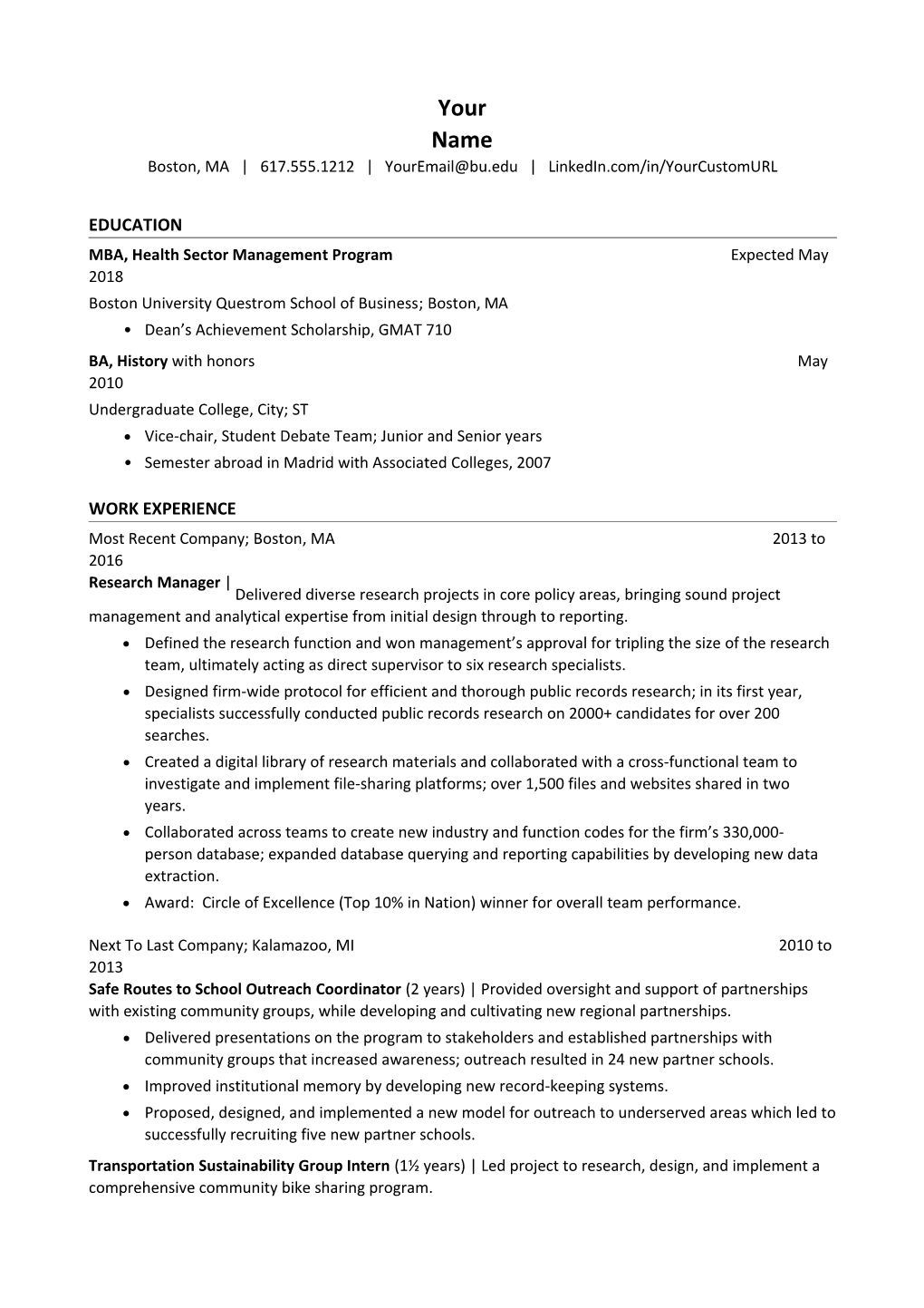 BU MBA Resume Format - Class of 2018