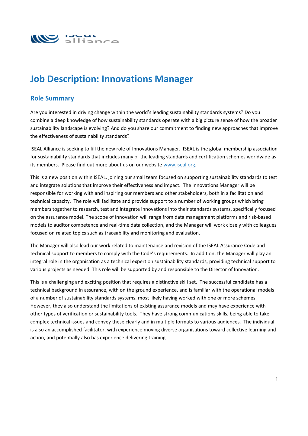 Job Description: Innovations Manager