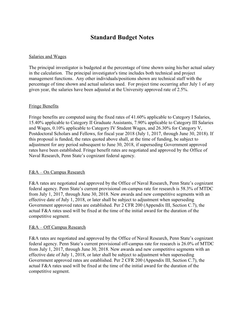 Standard Budget Notes