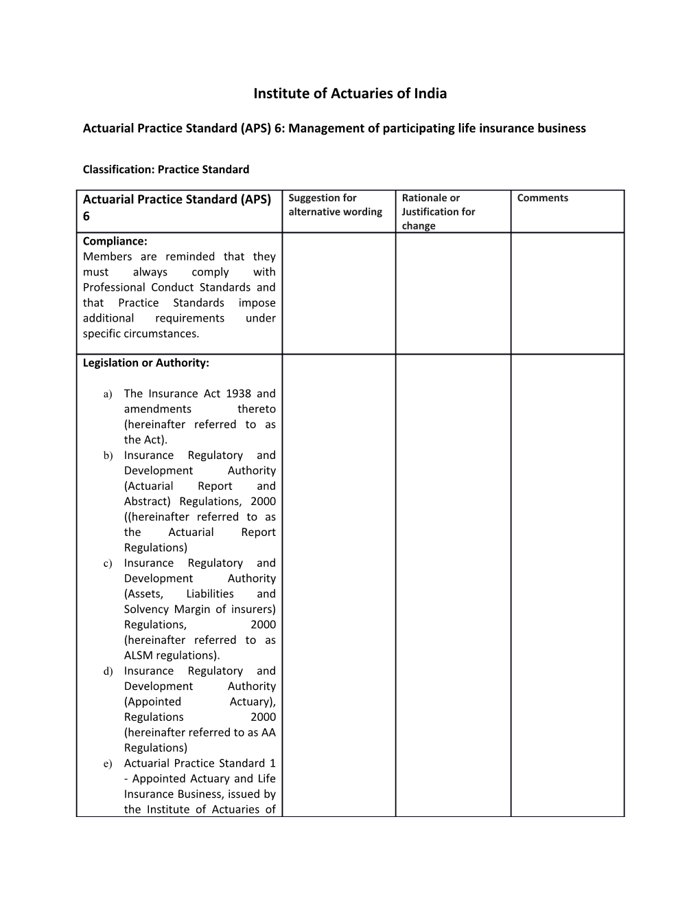 Actuarial Practice Standard (APS) 6: Management of Participating Life Insurance Business