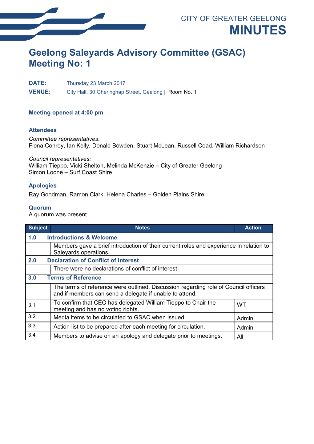 Geelong Saleyards Advisory Committee (GSAC) Meeting No: 1