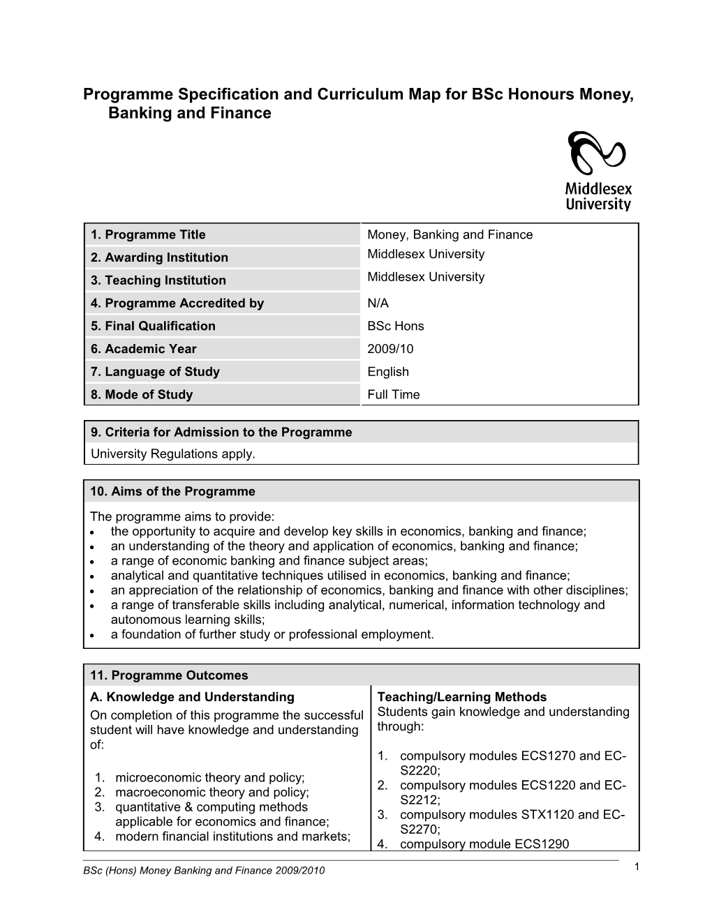 Programme Specification and Curriculum Map for Bsc Honours Money, Banking and Finance