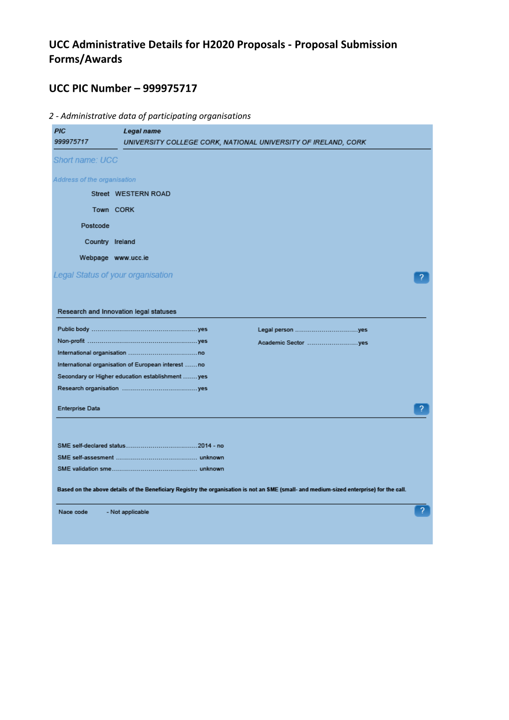 UCC Administrative Details for H2020 Proposals - Proposal Submission Forms/Awards