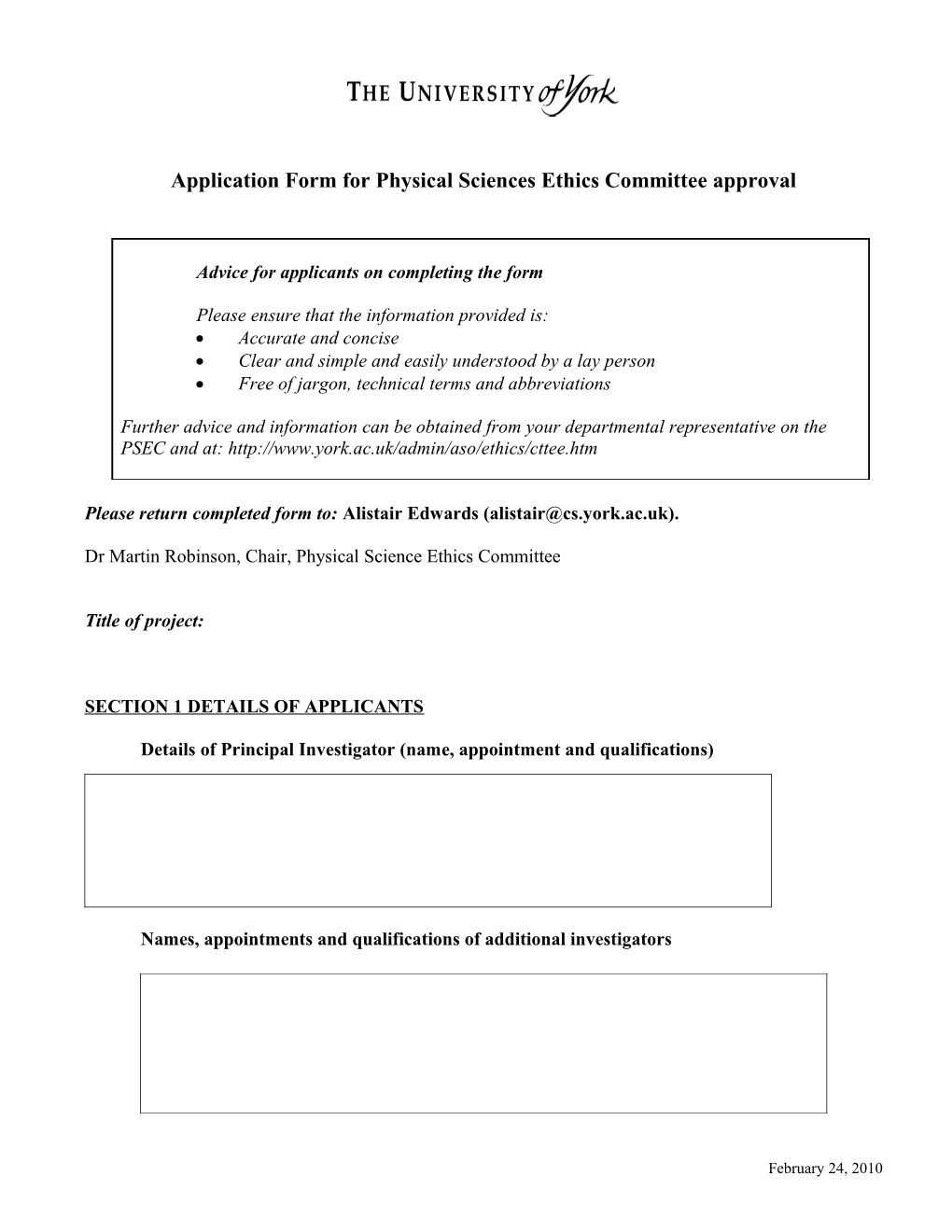 Application Form for Ethics Committee Approval