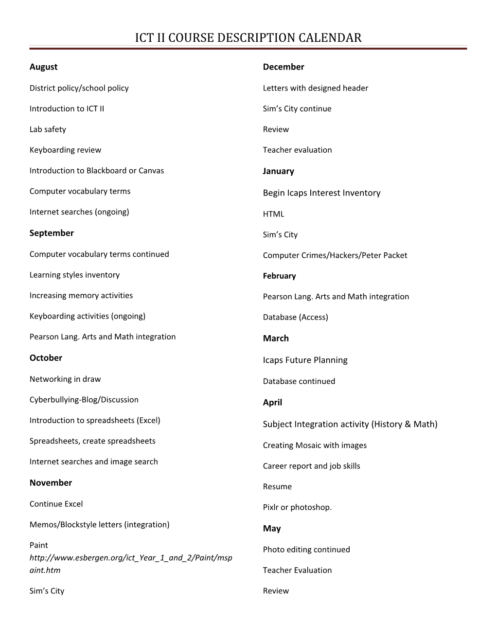 Ict Ii Course Description Calendar