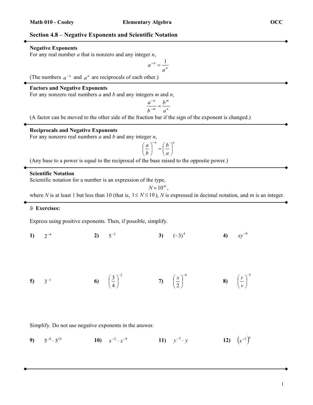 Math 010 - Cooley Elementary Algebra OCC