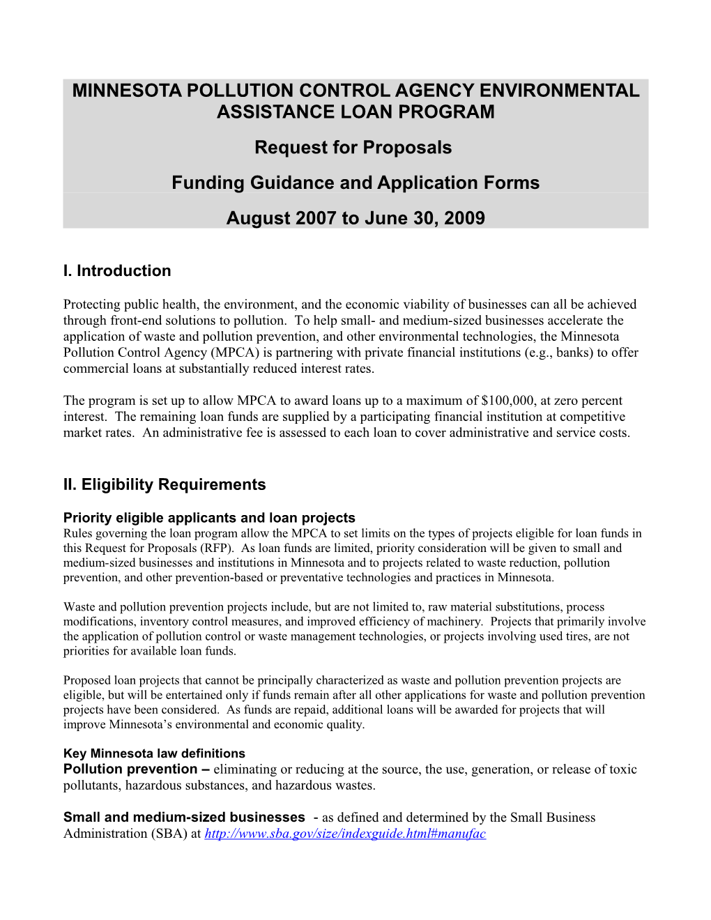 Minnesota Pollution Control Agency Environmental Assistance Loan Program