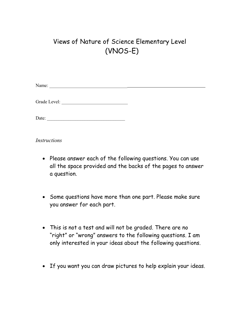 Views of Nature of Science Elementary School Version (VNOS D)
