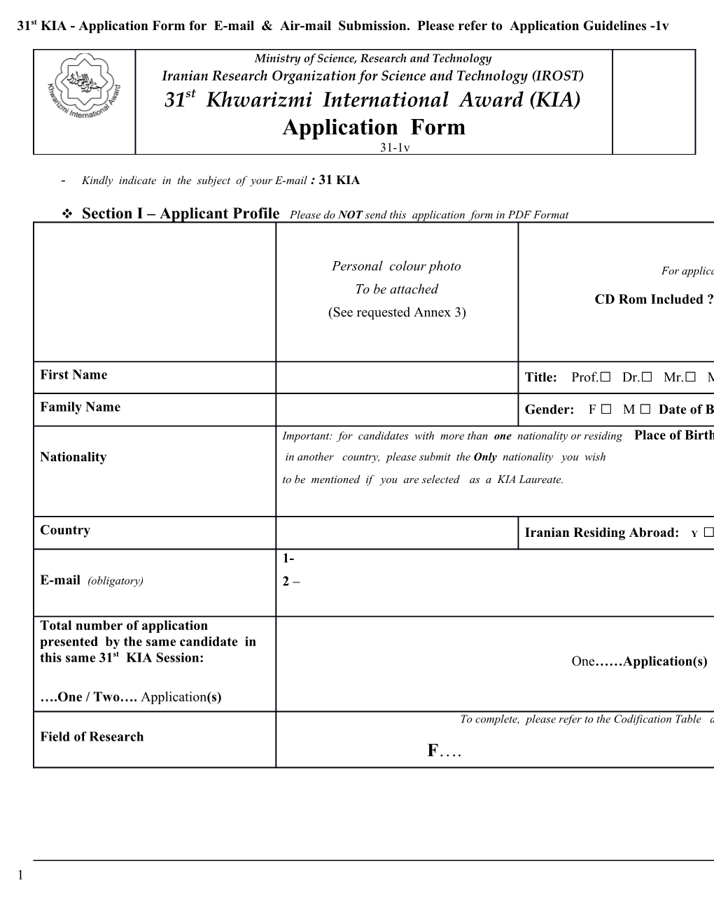 31St KIA - Application Form for E-Mail & Air-Mail Submission. Please Refer to Application