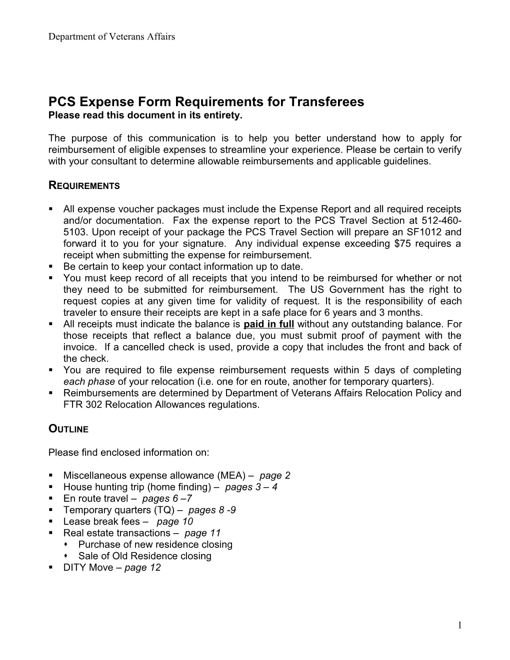 PCS Expense Form Requirements for Transferees