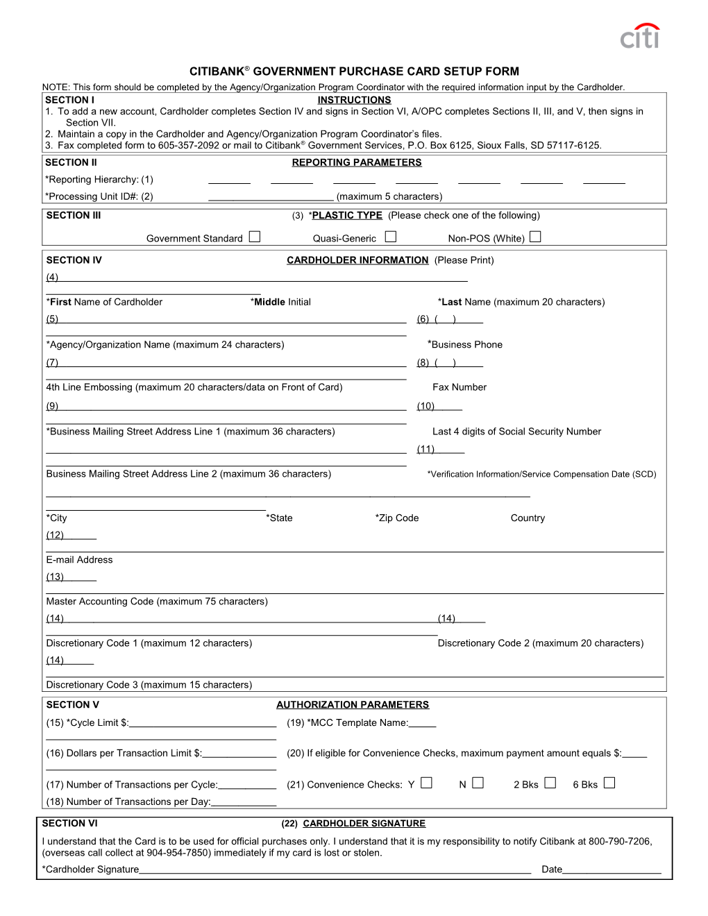 Government Purchase Card Setup Form