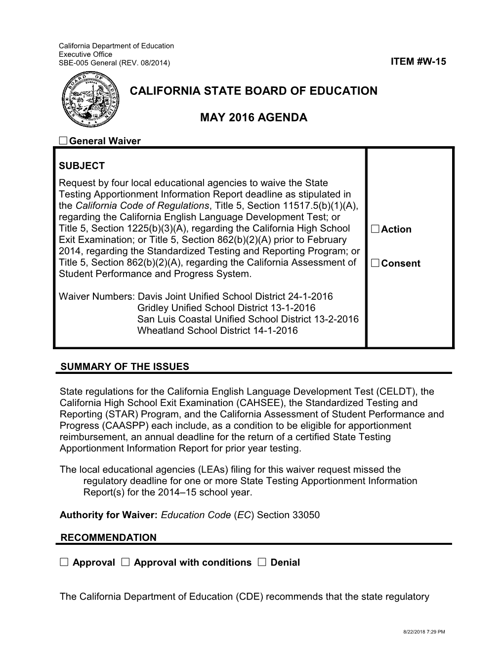 May 2016 Waiver Item W-15 - Meeting Agendas (CA State Board of Education)