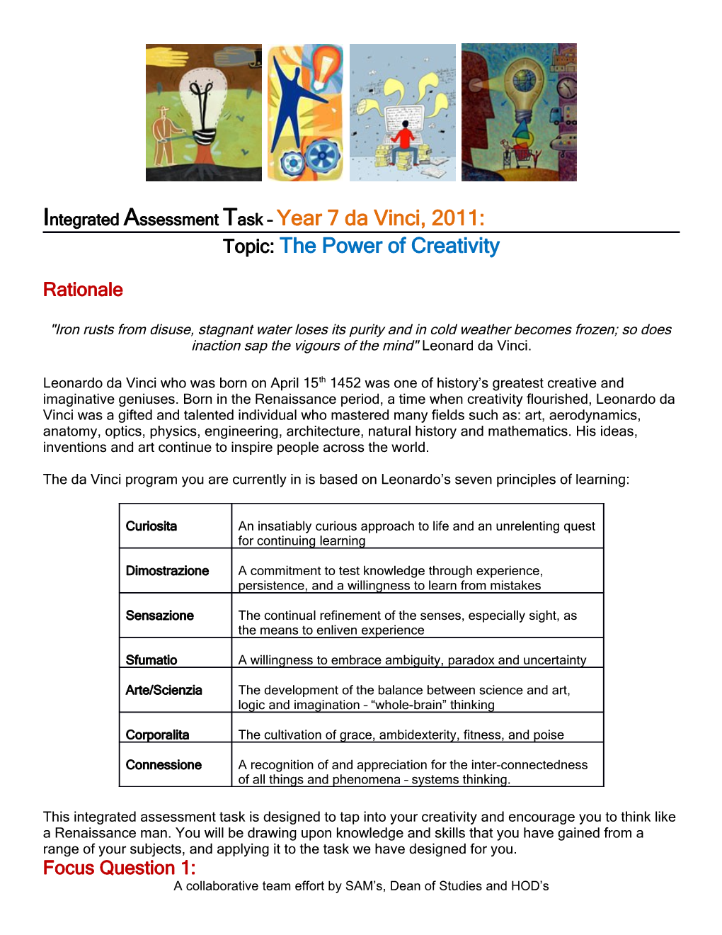 Integrated Assessment Task Year 7 Da Vinci, 2011