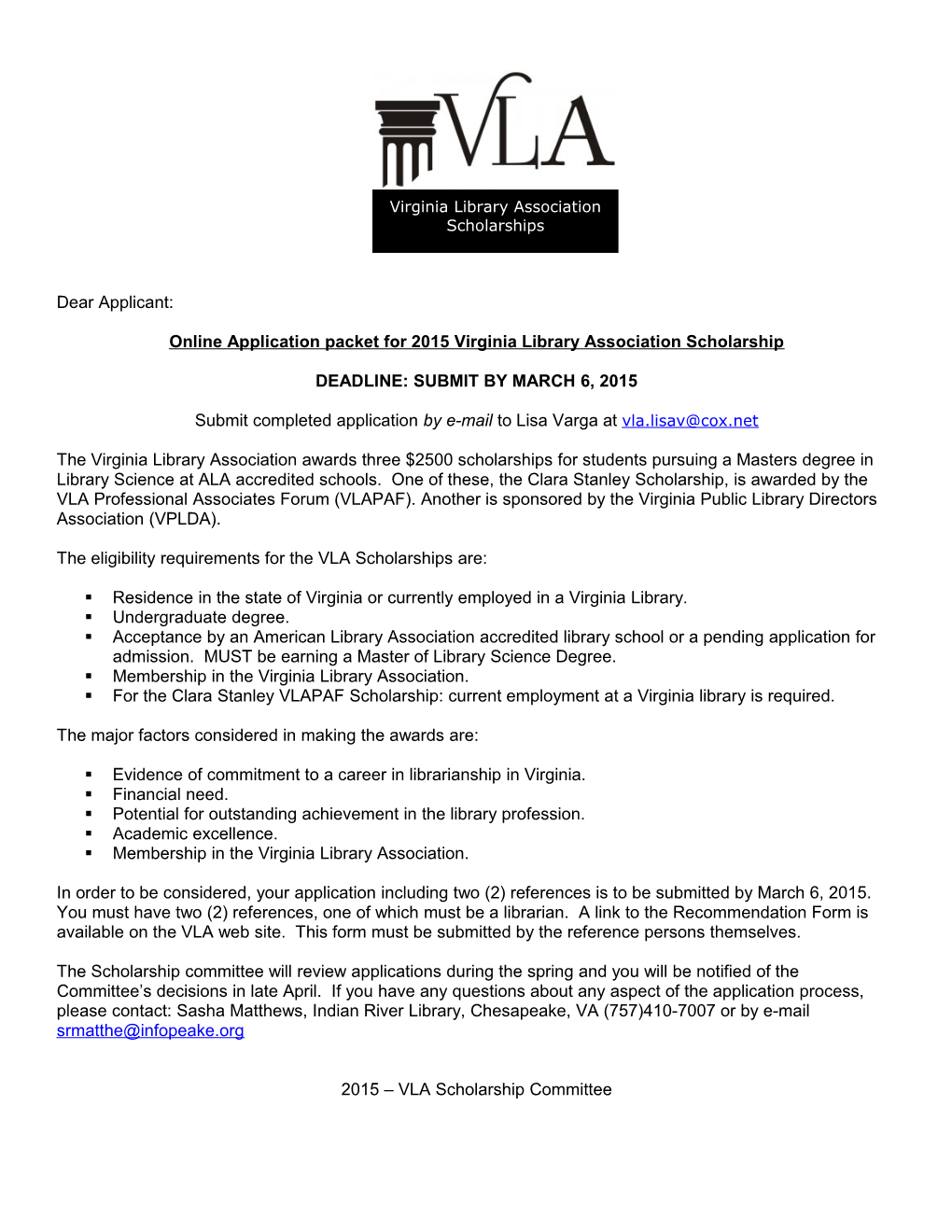 Online Application Packet for 2015 Virginia Library Association Scholarship