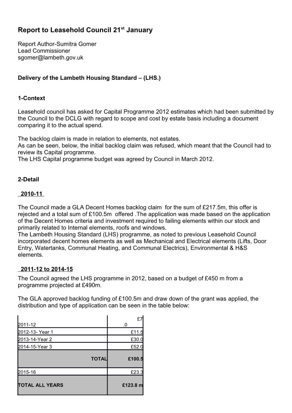 Report to Leasehold Council 21St January