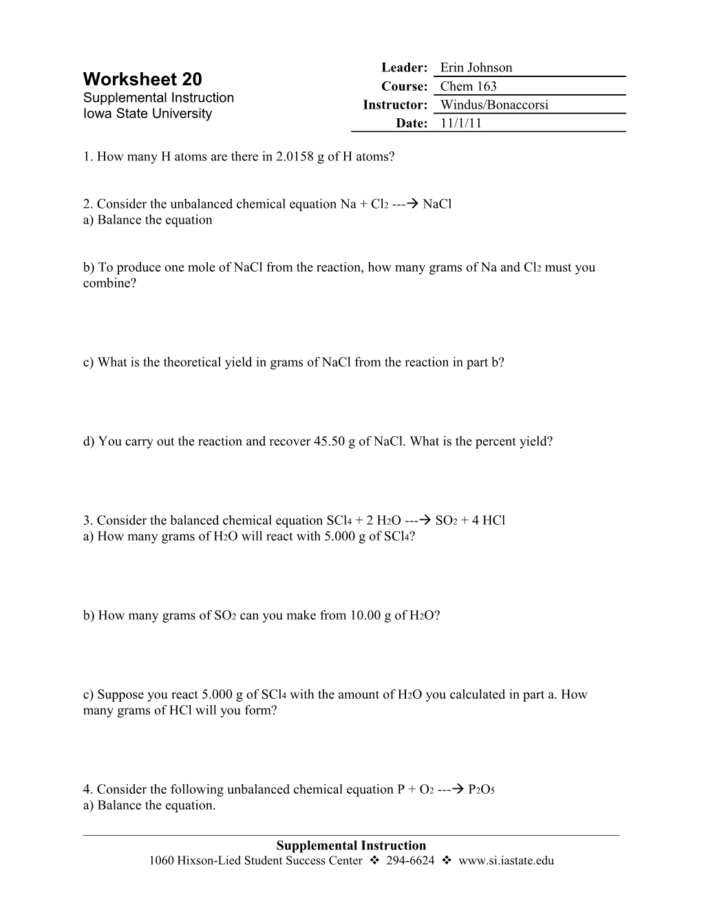 1. How Many H Atoms Are There in 2.0158 G of H Atoms?