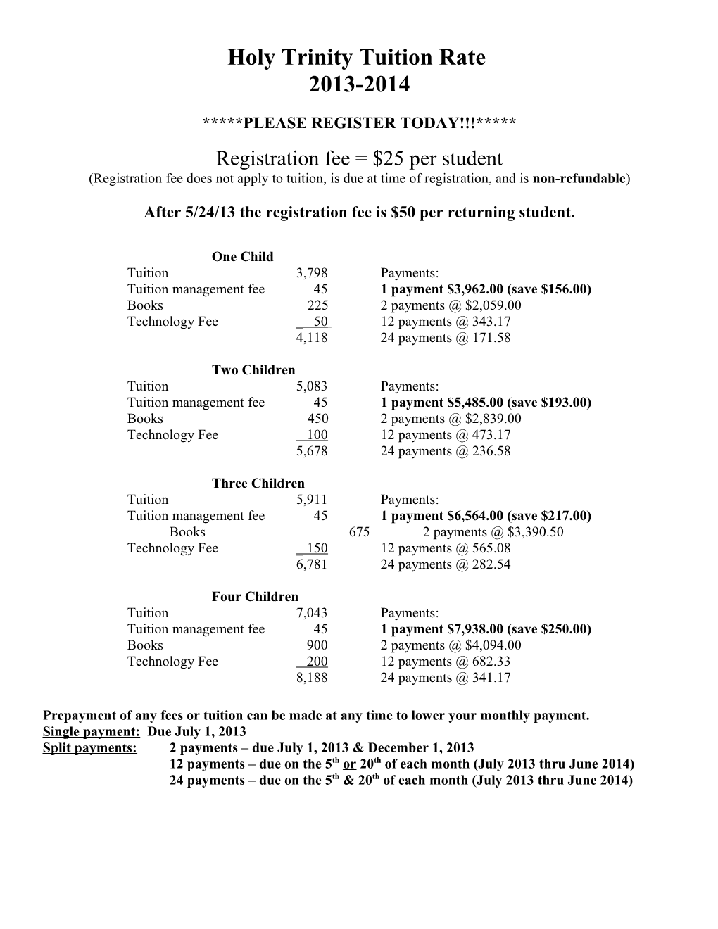 Holy Trinity Tuition Rate