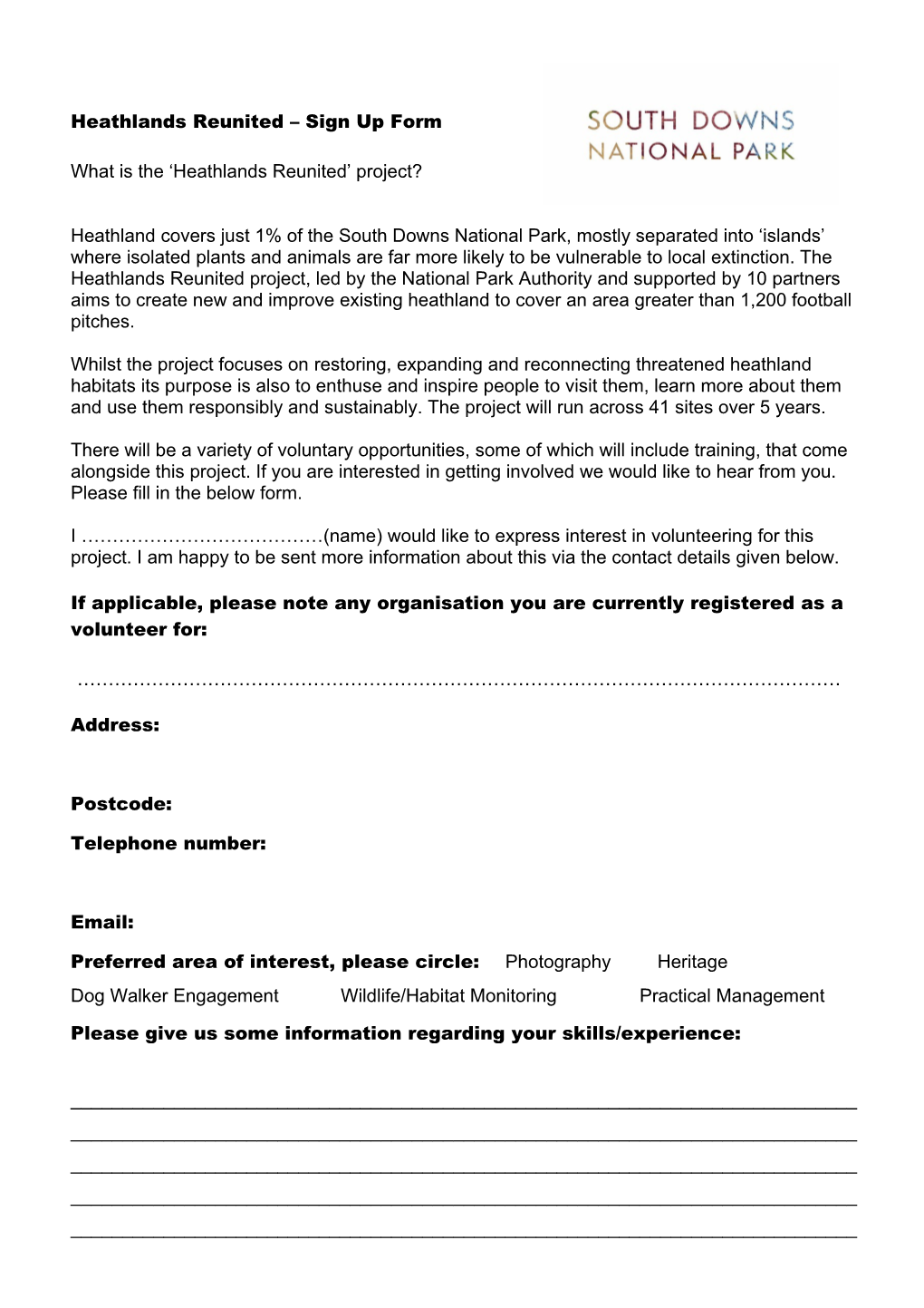 Heathlands Reunited Sign up Form