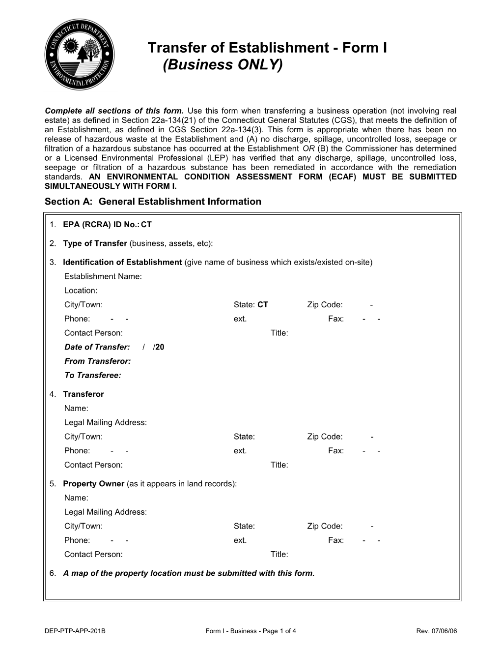 Transfer of Establishment - Form I (Business Only)