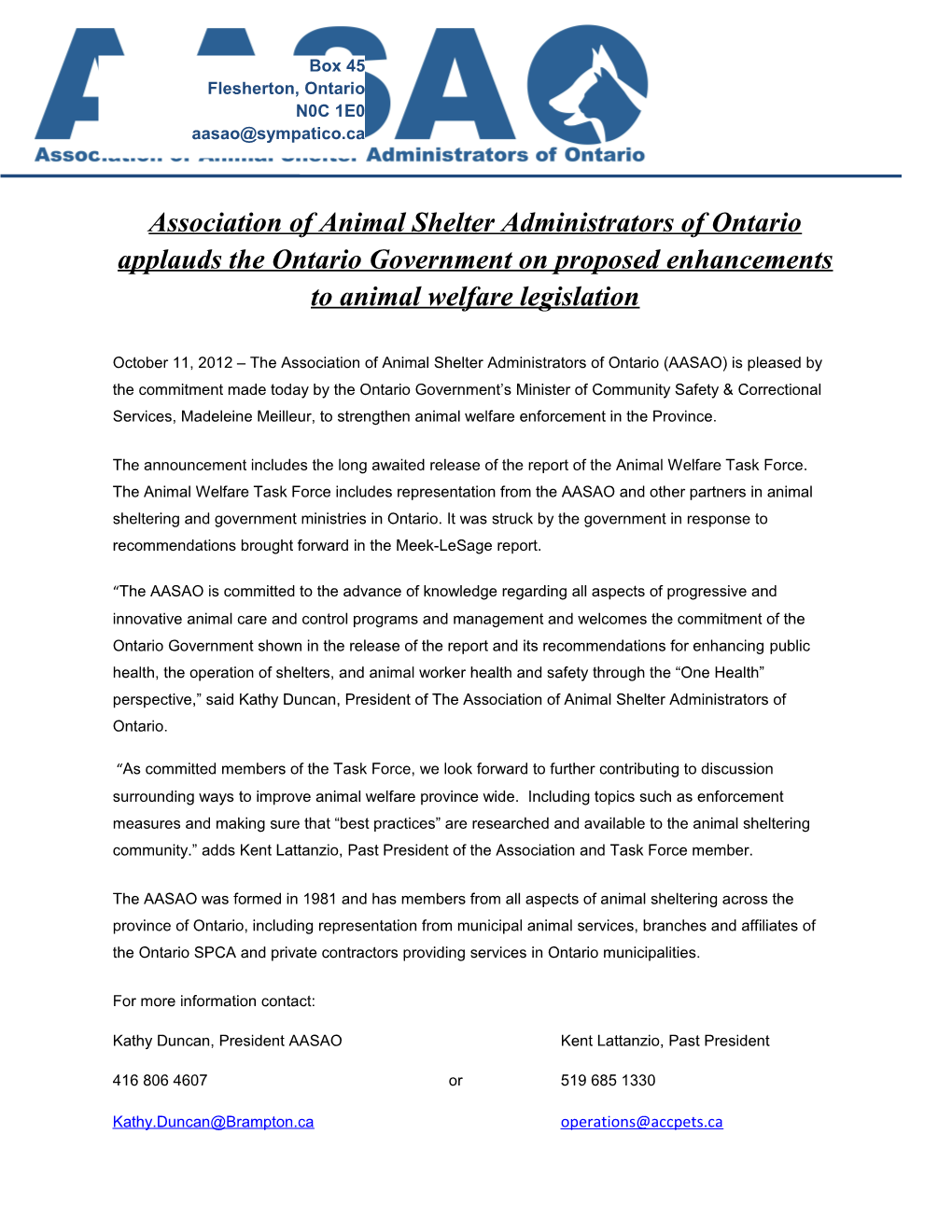 Association of Animal Shelter Administrators of Ontario Applauds the Ontario Government