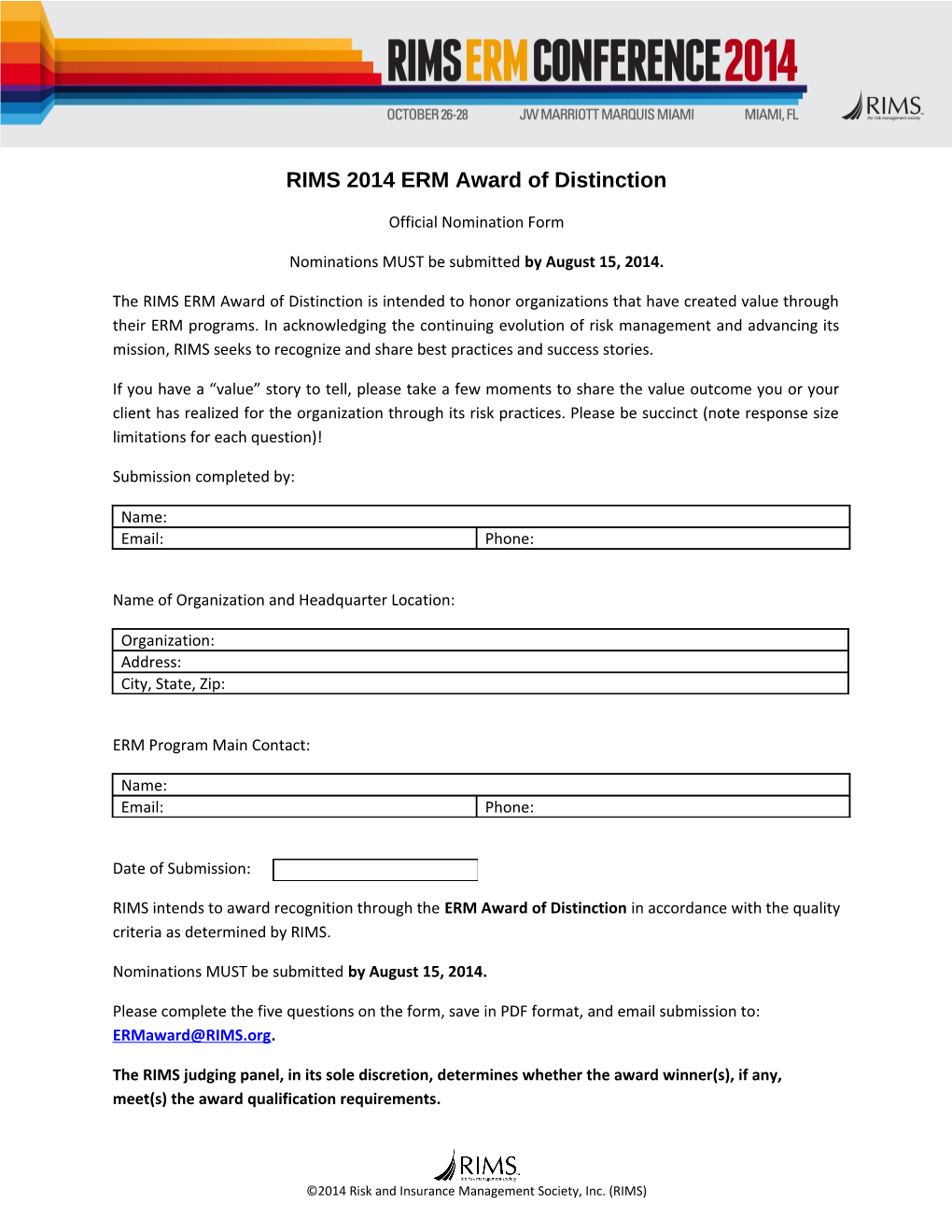 RIMS 2014 ERM Award of Distinction