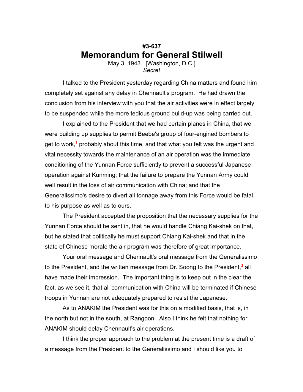 Memorandum for General Stilwell