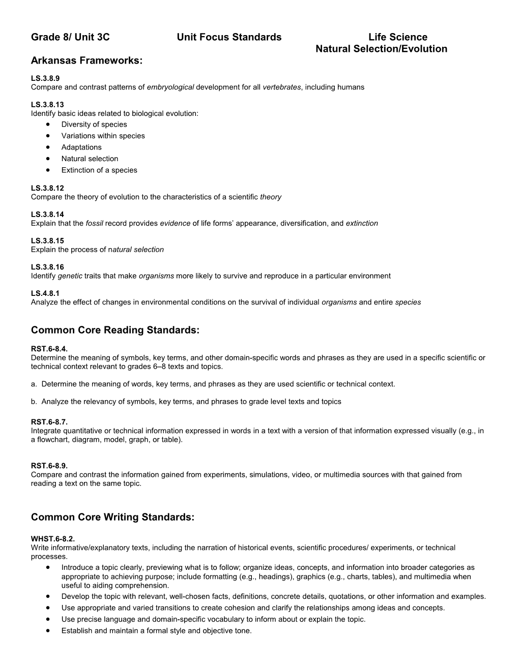 Grade 8/ Unit 3Cunit Focus Standardslife Science