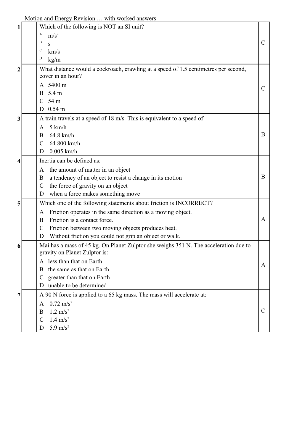 Motion and Energy Revision with Worked Answers