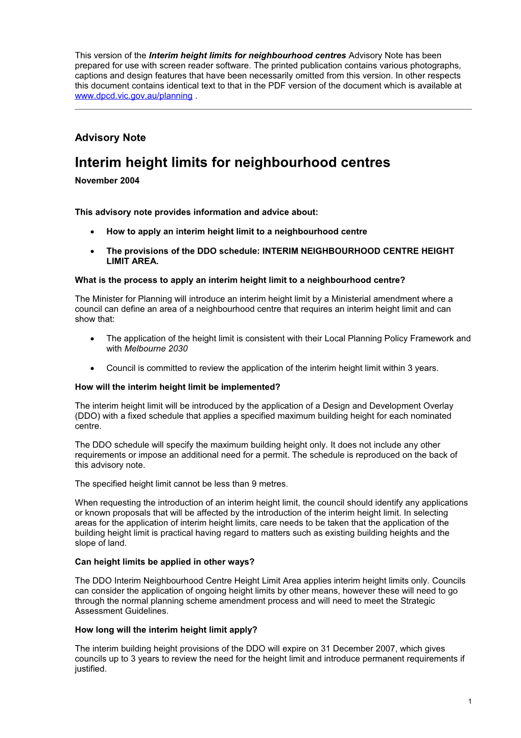 Interim Height Limits for Neighbourhood Centres Advisory Note