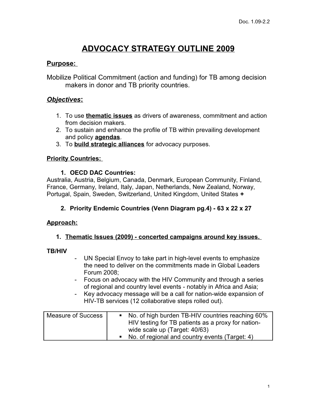 Advocacy Strategy Outline 2009