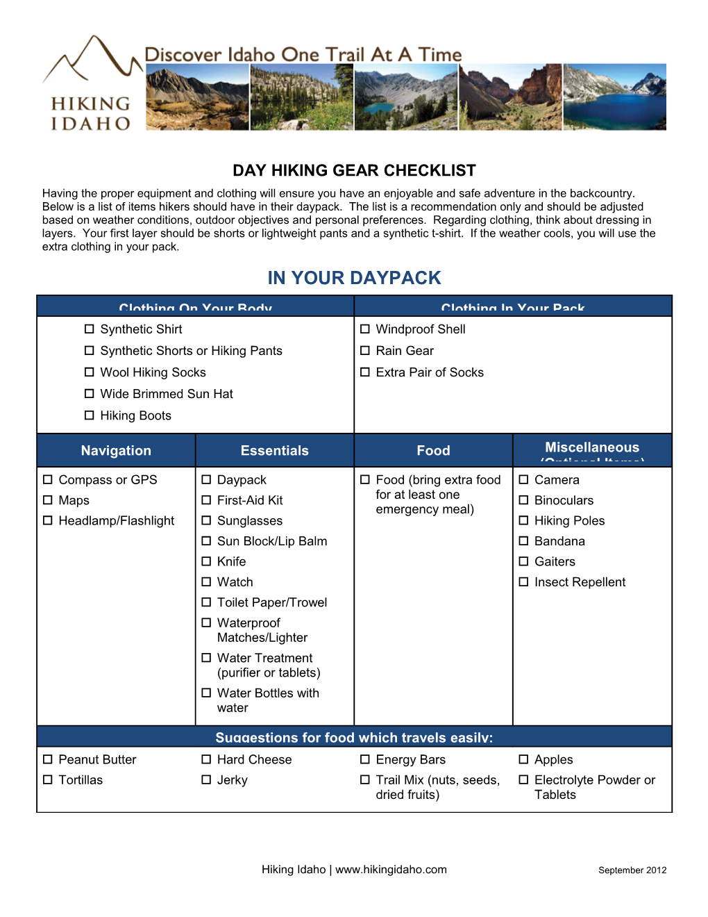 Day Hiking Gear Checklist