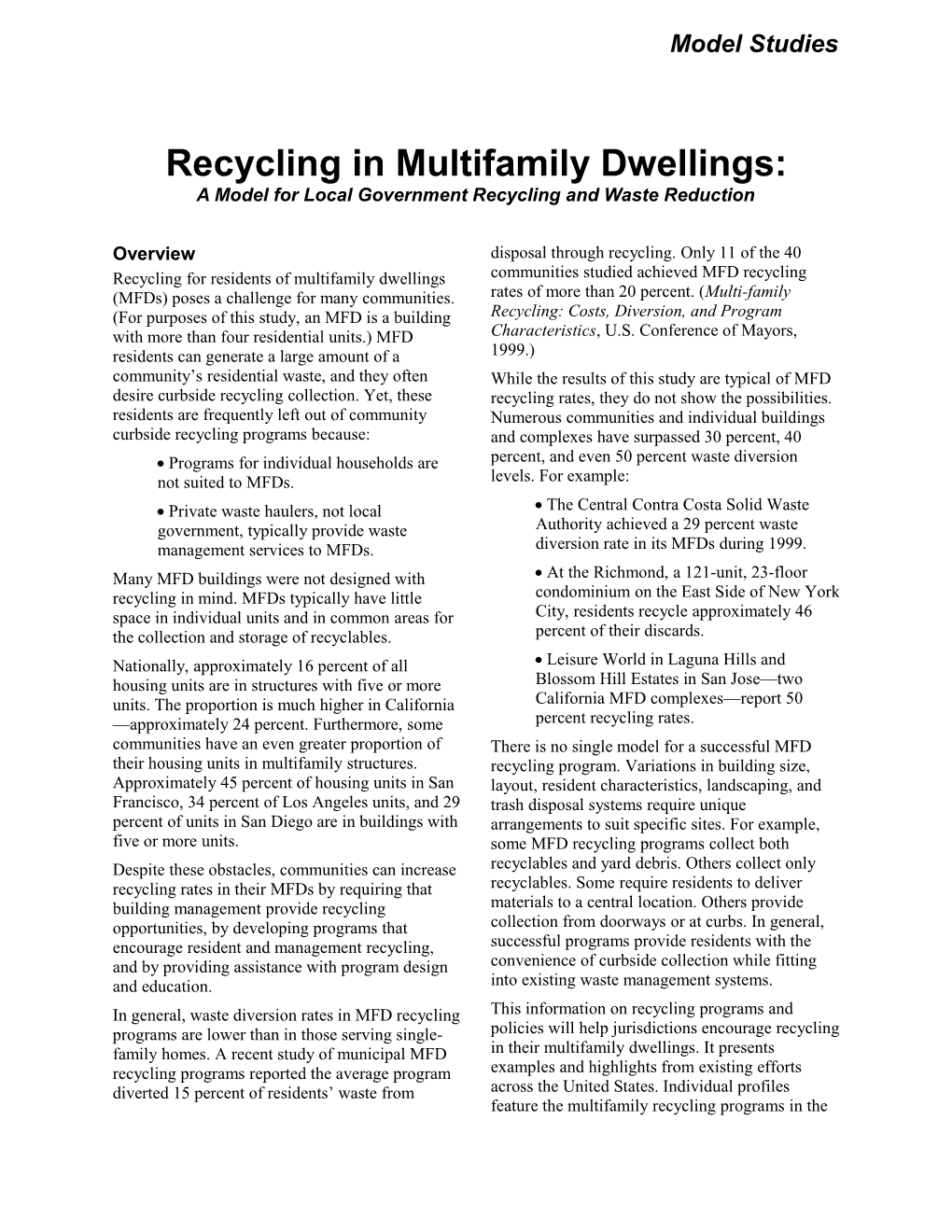 Recycling In Multifamily Dwellings: A Model For Local Government Recycling And Waste Reduction