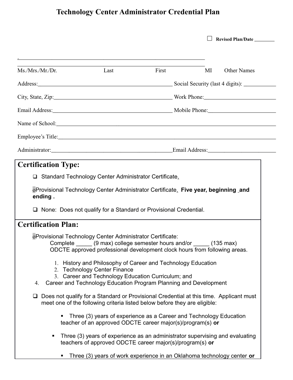 Technology Center Administrator Credential Plan