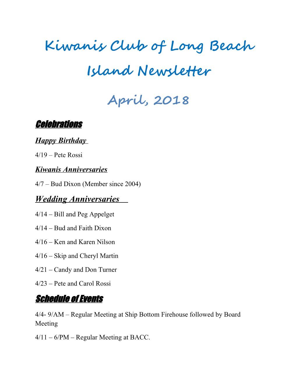 Kiwanis Club of Long Beach Island Newsletter